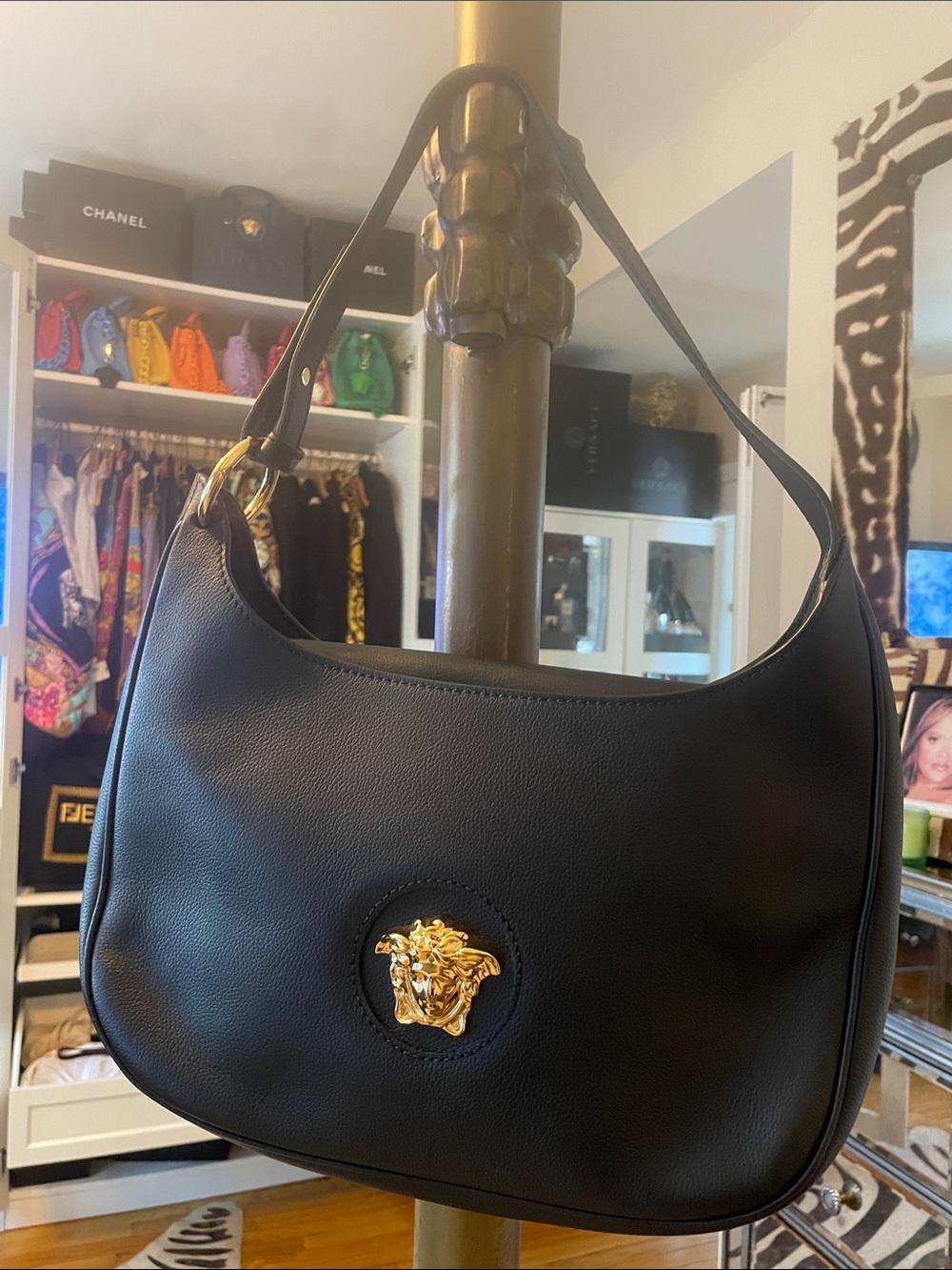 Versace Black Leather Shoulder Bag with Gold Medusa Accent. ONLY USE OUNCE